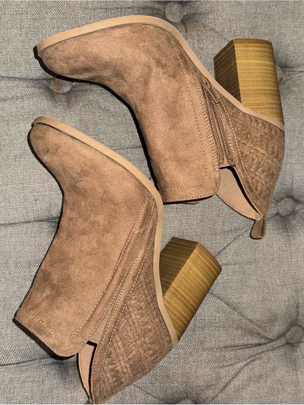 Madden Girl Tan Suede Block Heel Booties with heel detail texture